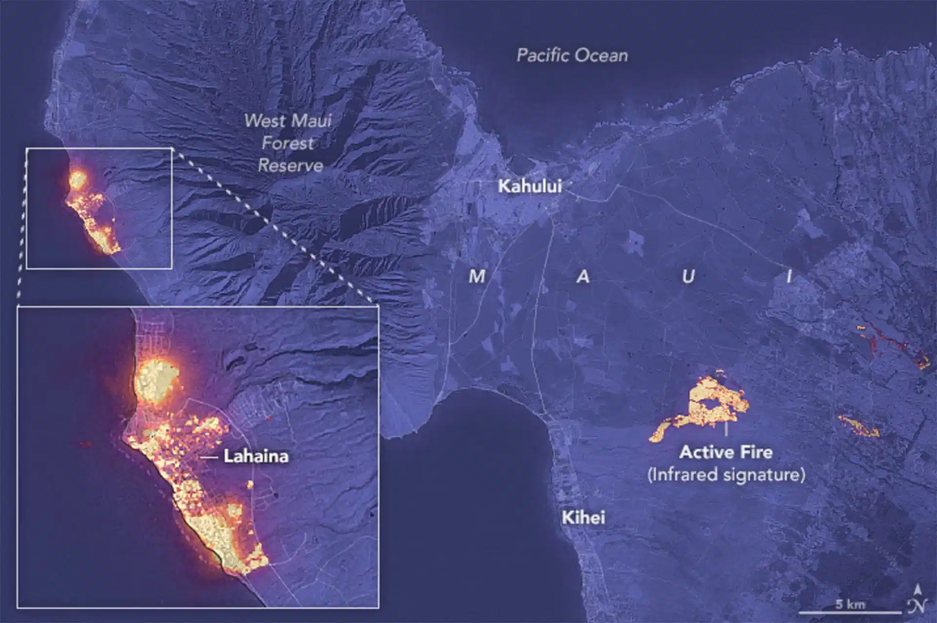Mapa del alcance de la devastación de los incendios en Maui, Hawái el 8 de agosto de 2023 / Imagen: NASA