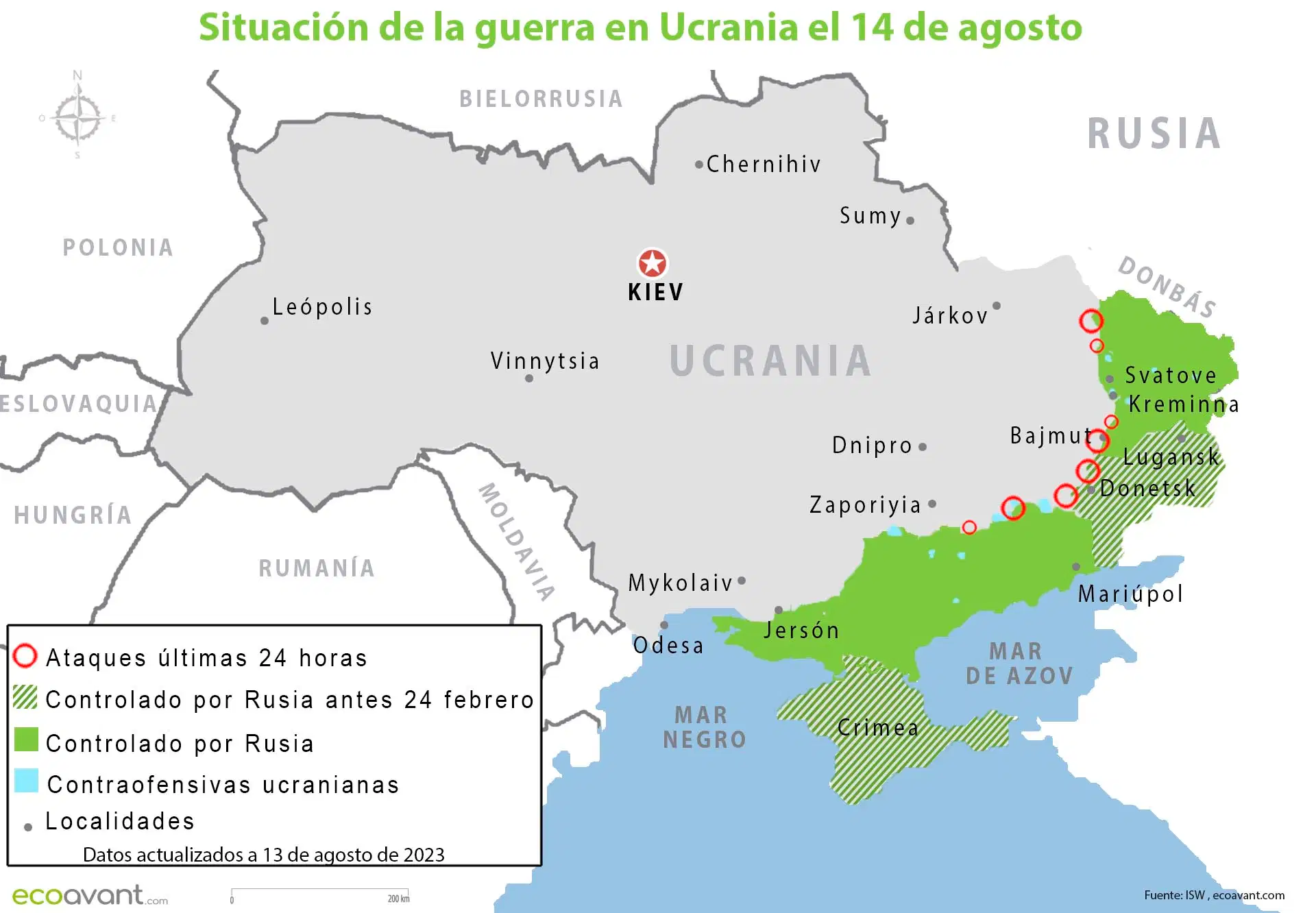 Situación de la guerra en Ucrania el 14 de agosto de 2023 / Mapa: EA
