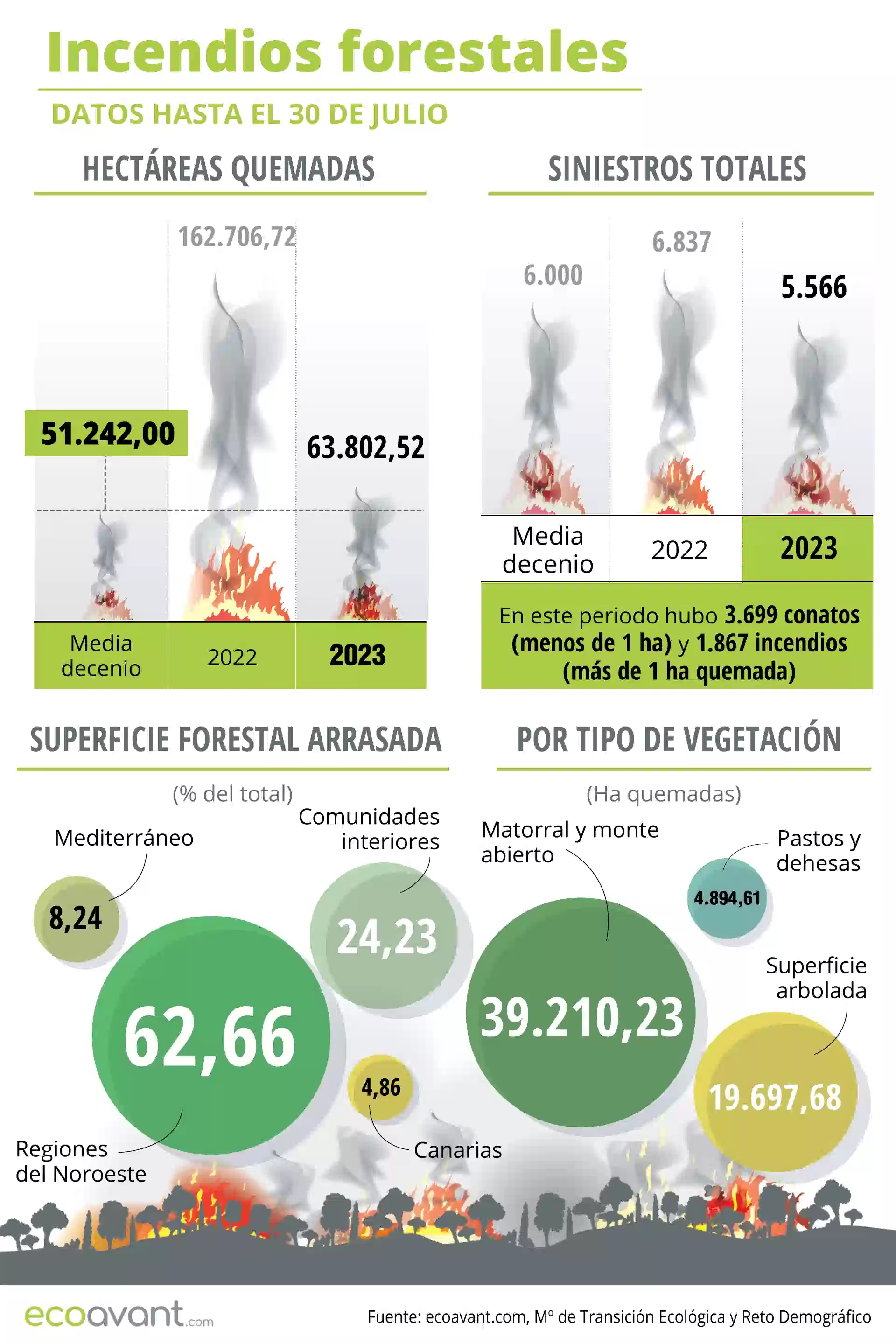 Incendios forestales en España en datos hasta el 30 de julio de 2023 / Infografía: EcoAvant.com