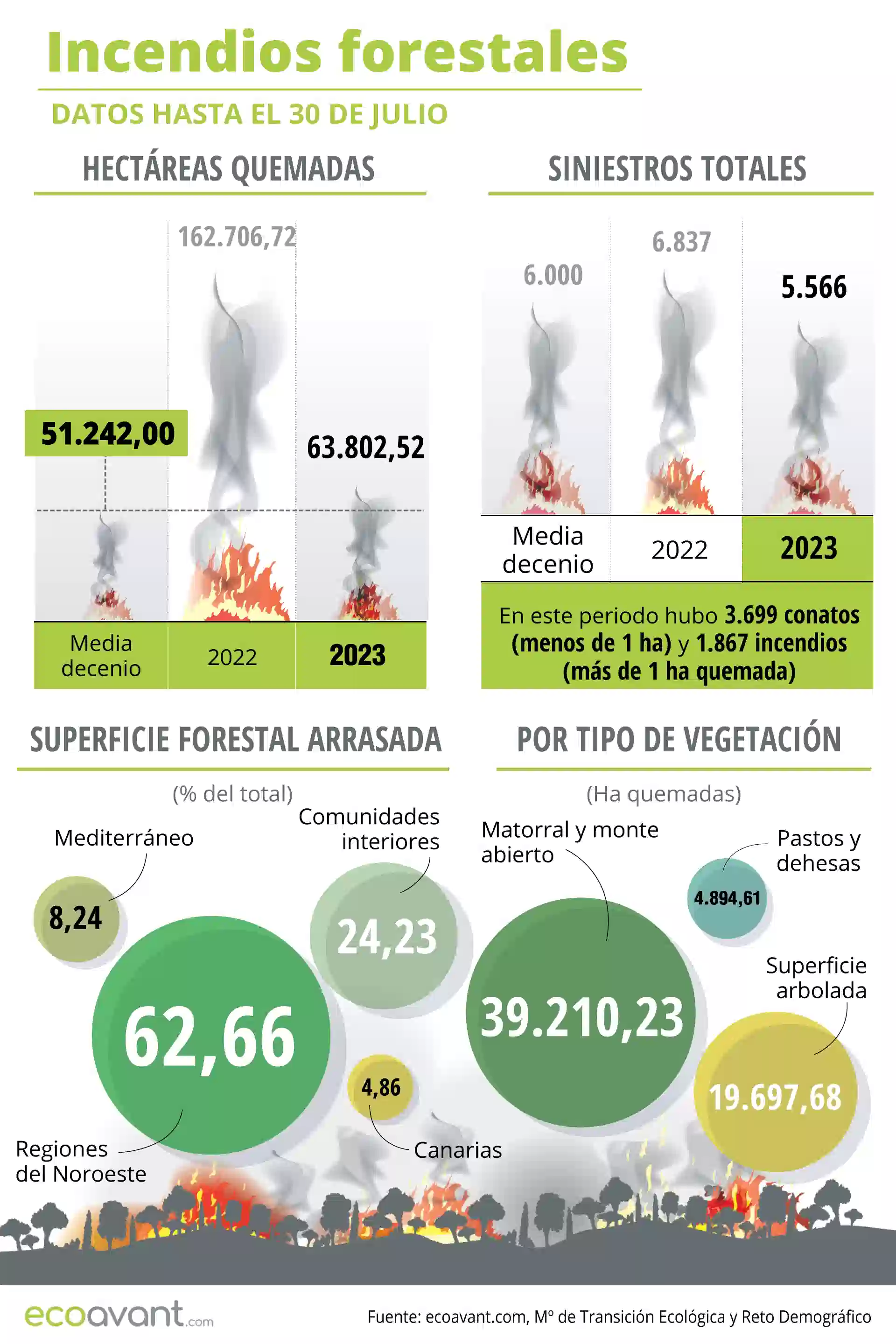 Incendios forestales en España en datos hasta el 30 de julio de 2023 / Infografía: EcoAvant.com Incendios forestales en España en datos hasta el 30 de julio de 2023 / Infografía: EcoAvant.com