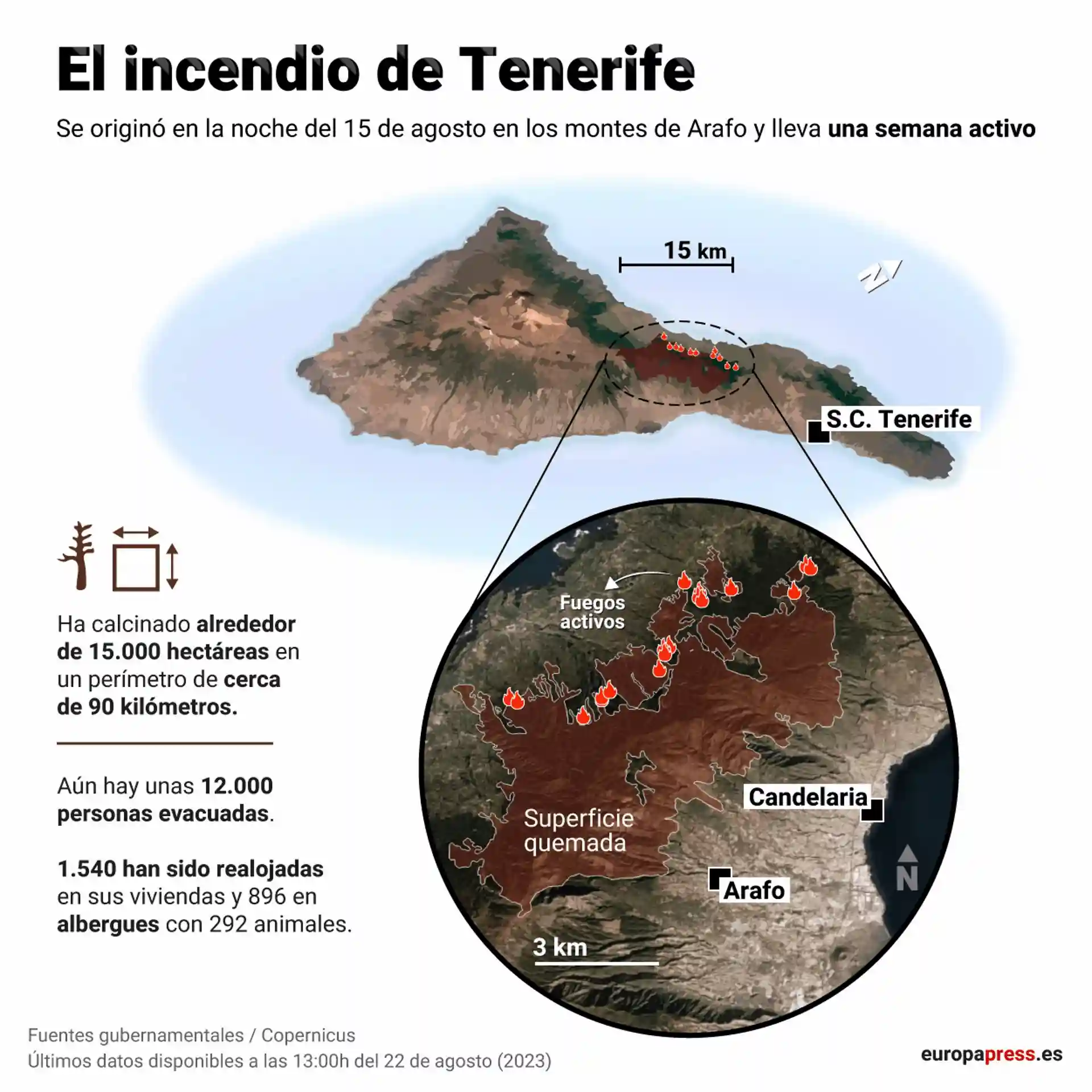 Infografía y mapa de la extensión del incendio que afecta a Tenerife / Imagen: EP Infografía y mapa de la extensión del incendio que afecta a Tenerife / Imagen: EP