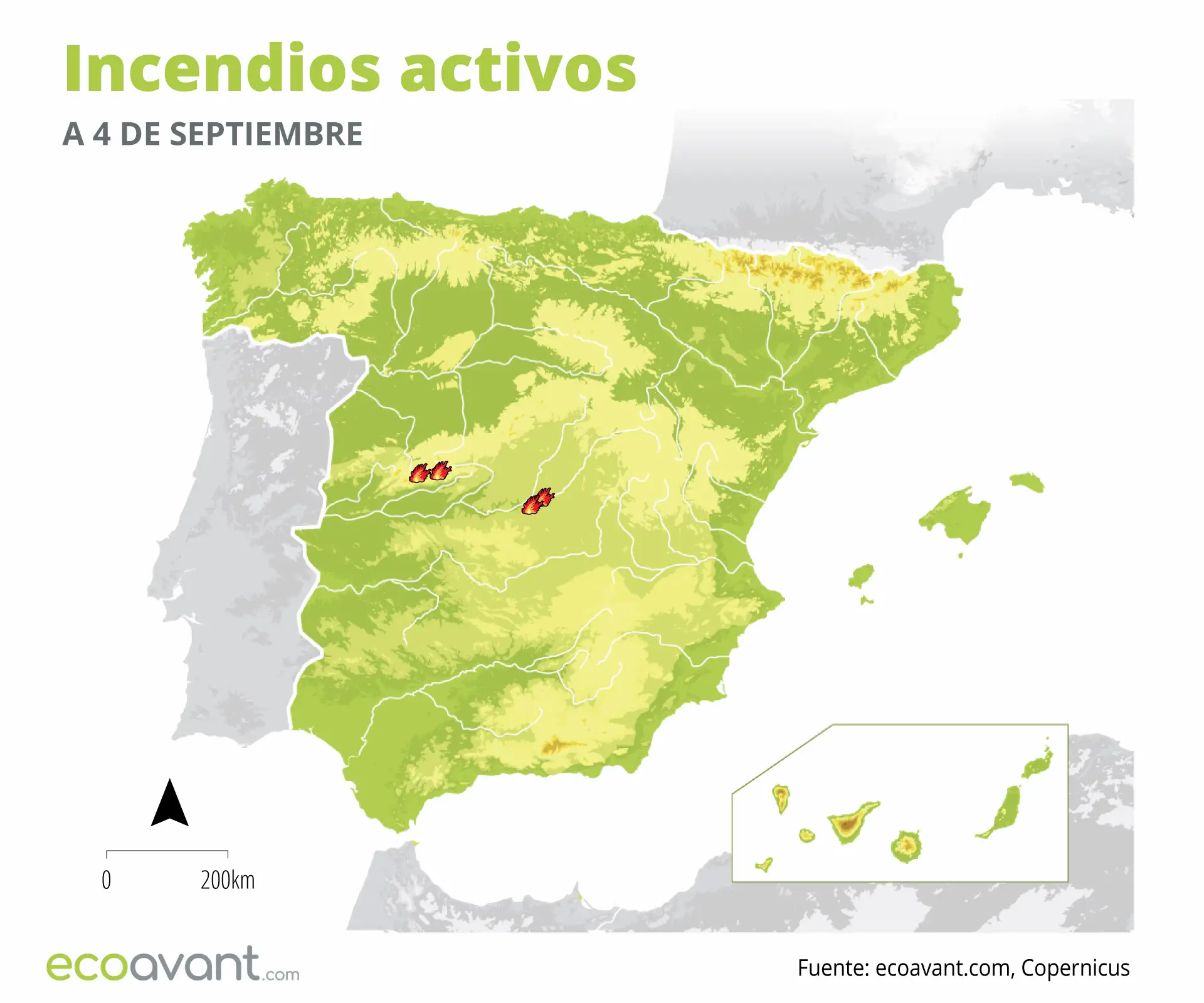 Mapa de los incendios forestales activos a 4 de septiembre de 2023 / Mapa: EA Mapa de los incendios forestales activos a 4 de septiembre de 2023 / Mapa: EA