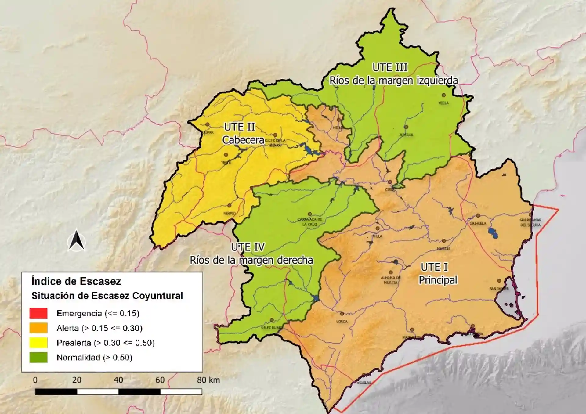 Los índices de escasez de la cuenca del Segura, en nivel de alerta desde 1 de septiembre de 2023 