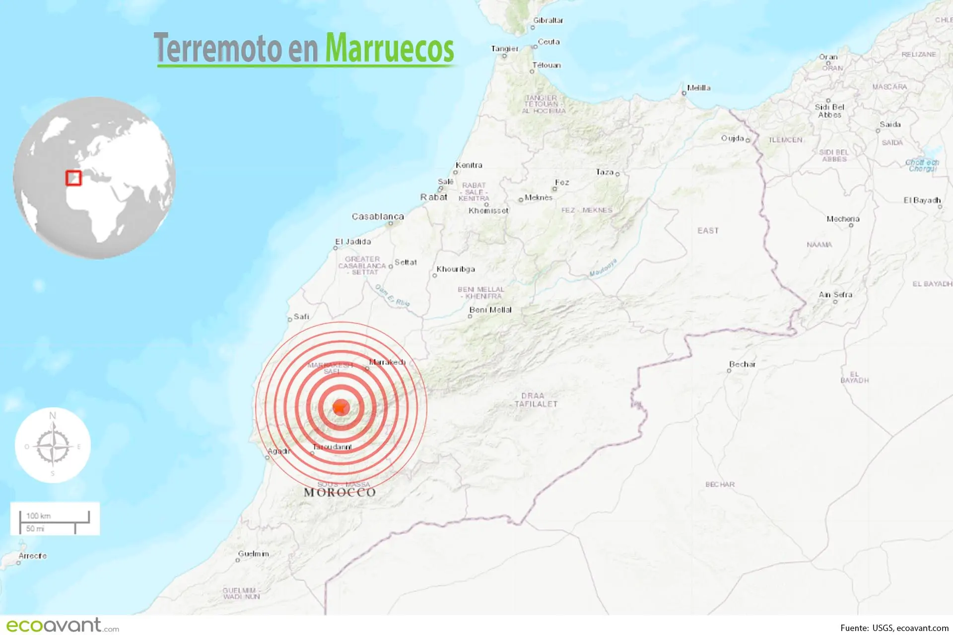 Mapa del epicentro del terremoto en Marruecos / Mapa: EA Mapa del epicentro del terremoto en Marruecos / Mapa: EA