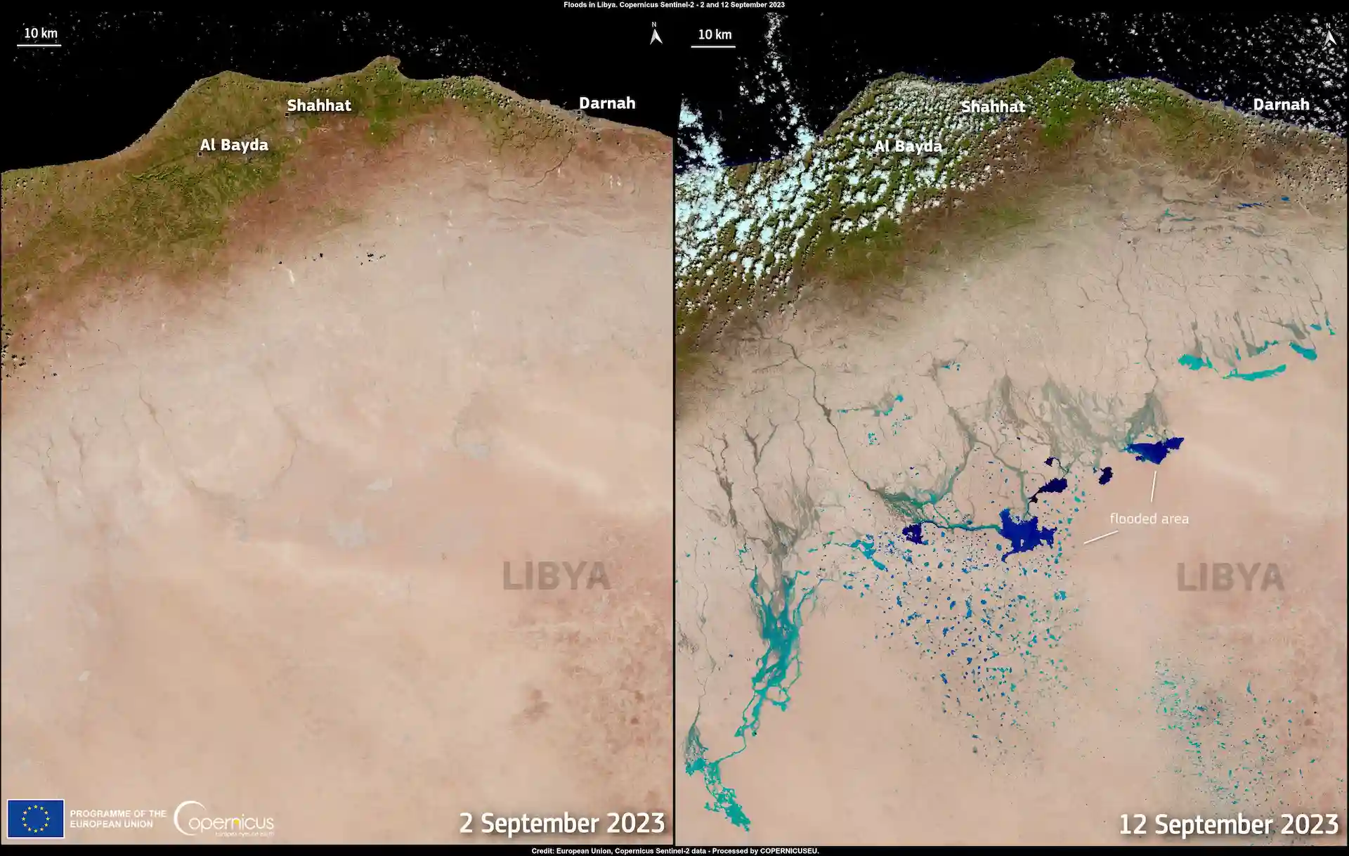 Imágenes satélite de lagos en el desierto en Libia a causa de la tormenta Daniel /  Imágenes: Copernicus EU
