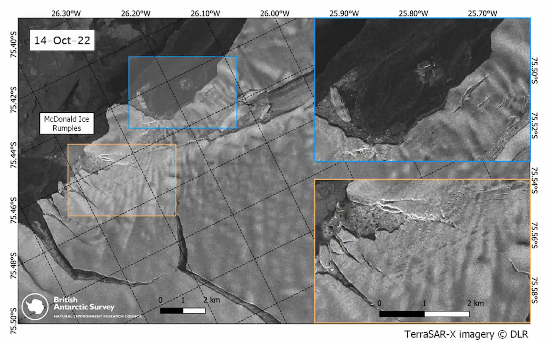 Tras el desprendimiento del iceberg A 81, la plataforma de hielo Brunt se está moviendo más rápido que antes / Imagen: DLR