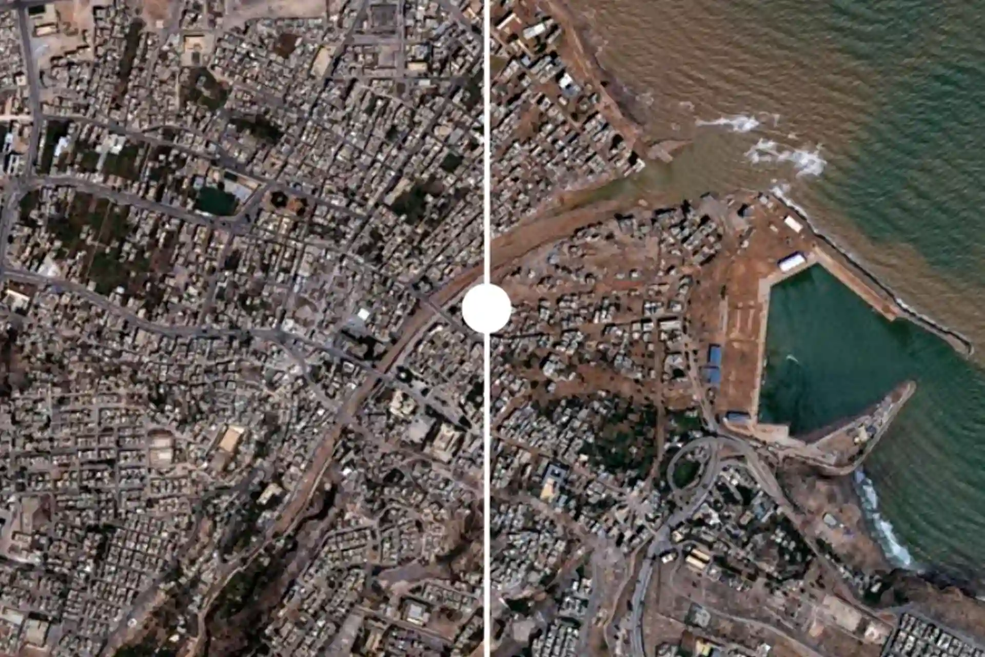 Imagen del antes y el después de las inundaciones de Libia