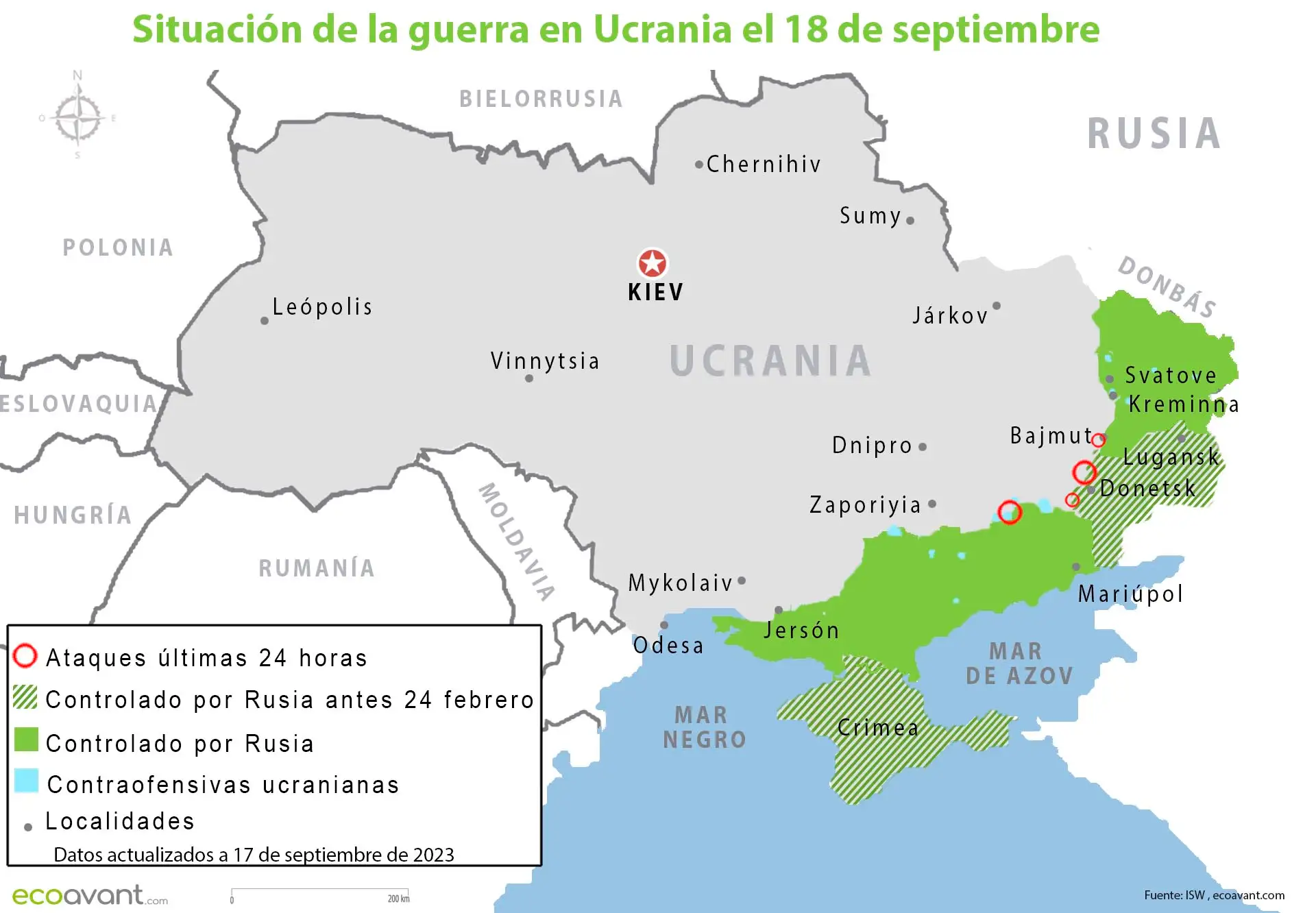 Situación de la guerra en Ucrania el 18 de septiembre de 2023 / Mapa: EA