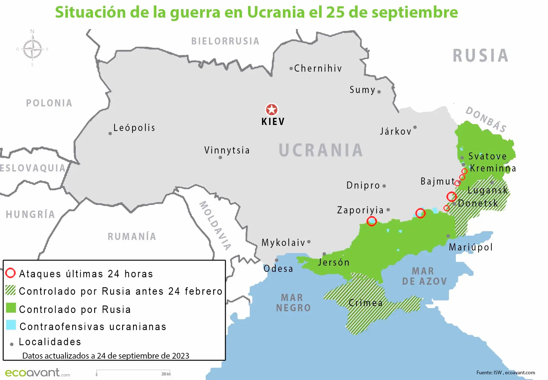 Situación de la guerra en Ucrania el 25 de septiembre de 2023 / Mapa: EA