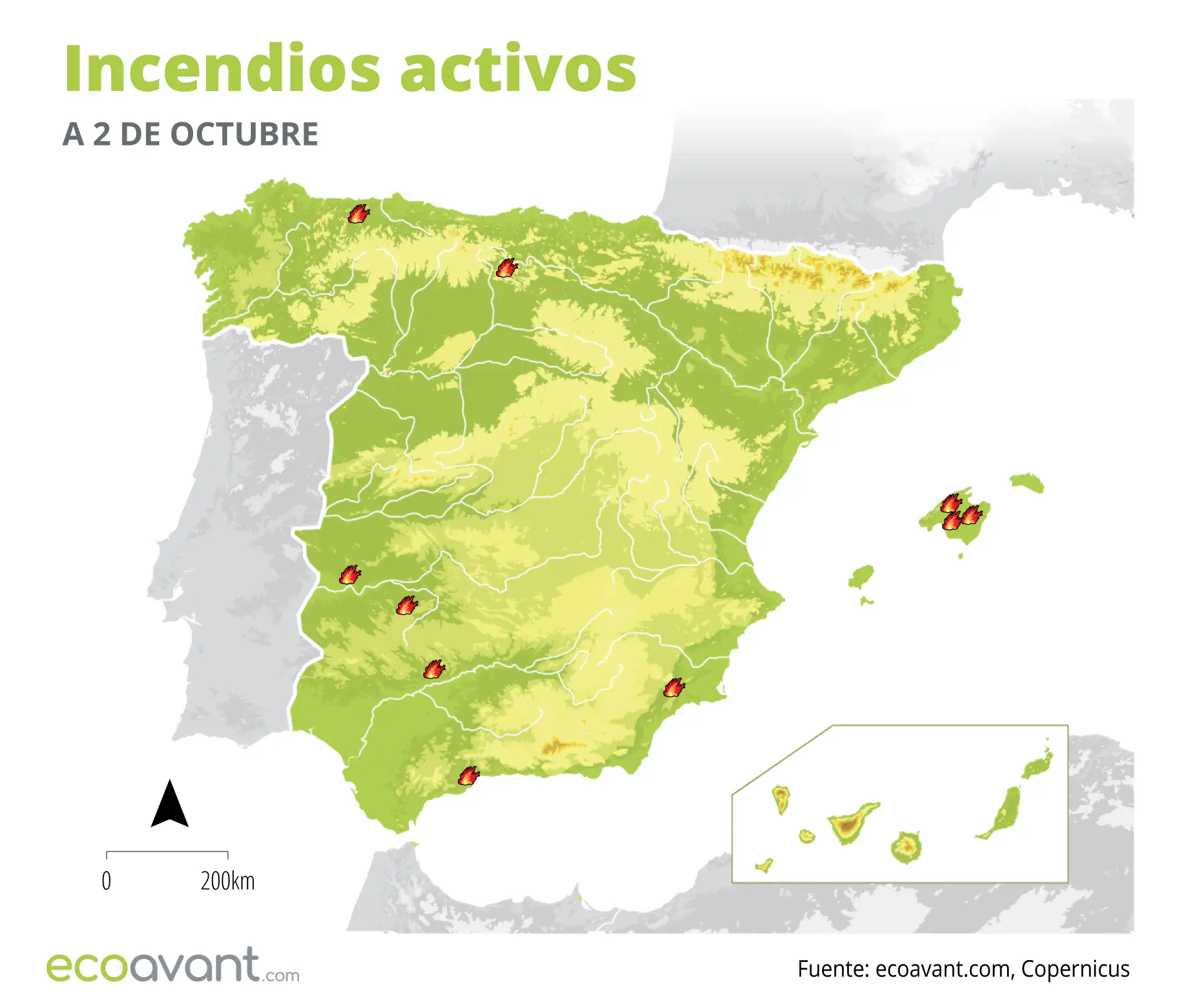 Mapa de los incendios forestales activos a 2 de octubre de 2023 / Mapa: EA