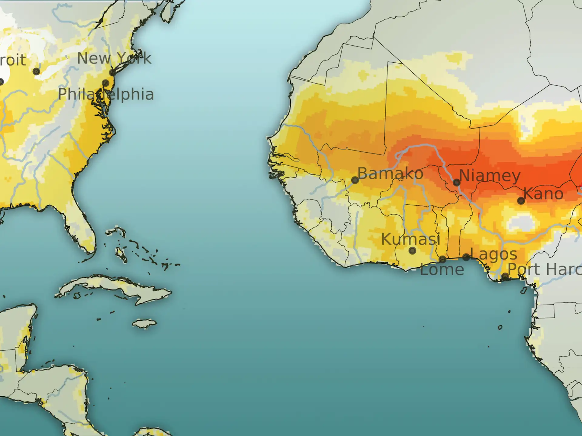 Este mapa compuesto muestra áreas terrestres que podrían enfrentar un calor extremo si el planeta continúa calentándose, indicadas en amarillo y naranja / Mapa: Dennis Maney - EP