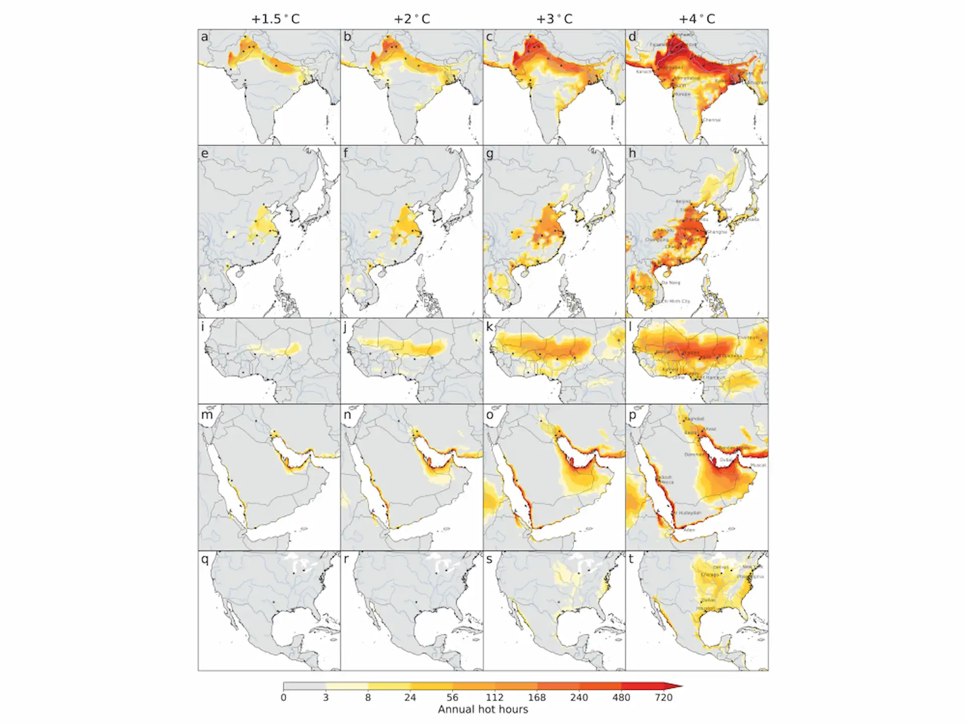 Este mapa muestra las horas anuales proyectadas de calor más allá de los límites humanos en el sur de Asia (A–D), el este de Asia (E–H), el norte de África (I–L), el Medio Oriente (M–P) y América del Norte (Q– T) / Mapas:Daniel Vecellio