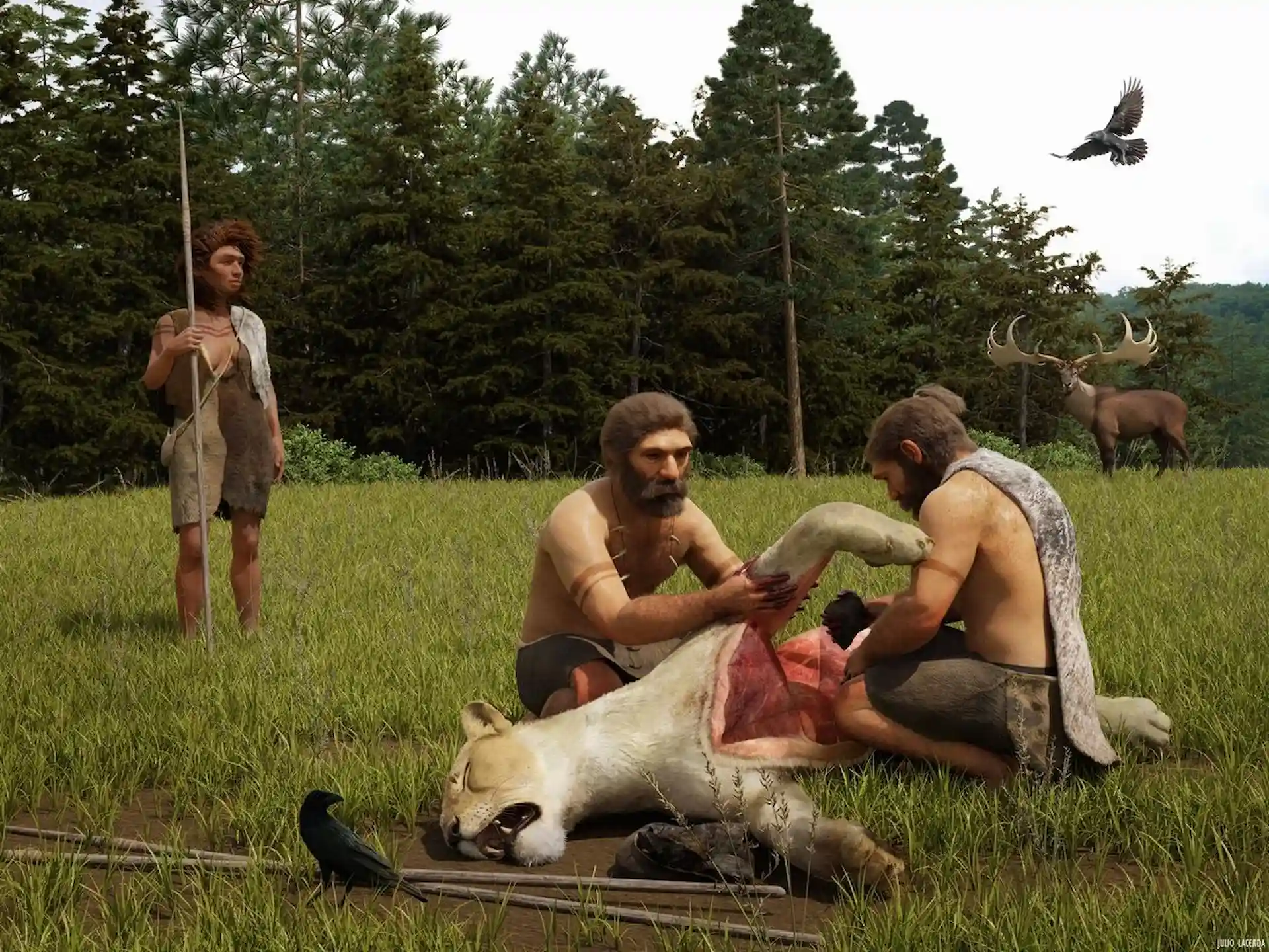 Neandertales masacrando al león cavernario de Siegsdorf (Baviera, Alemania). Al fondo se puede ver un ciervo gigante / Ilustración: Foto: University of Tübingen