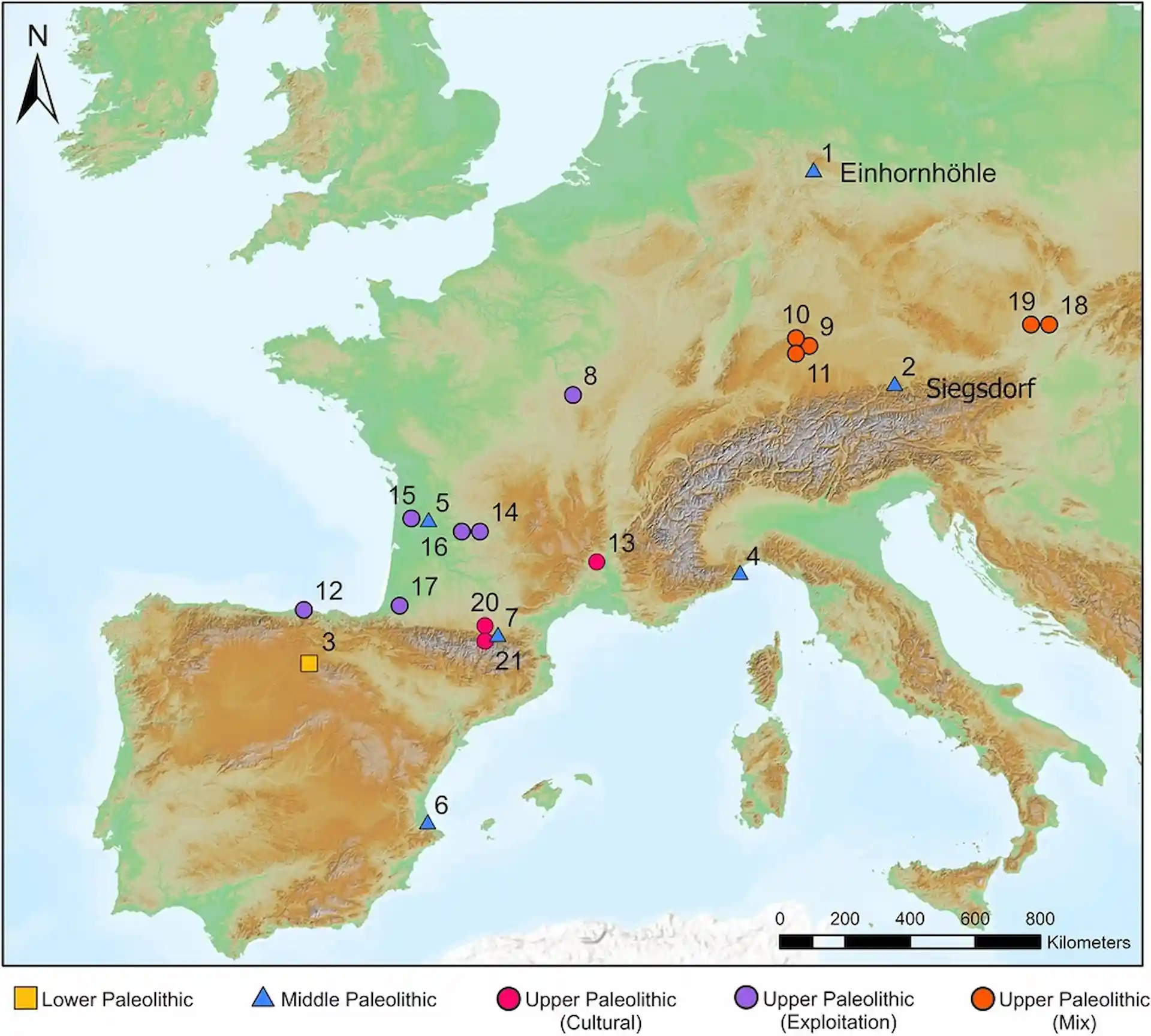 Sitios paleolíticos con evidencia directa de interacción entre humanos y leones de las cavernas en forma de actividad de subsistencia, cultura (es decir, arte rupestre o móvil), o ambas / Mapa: University of Tübingen