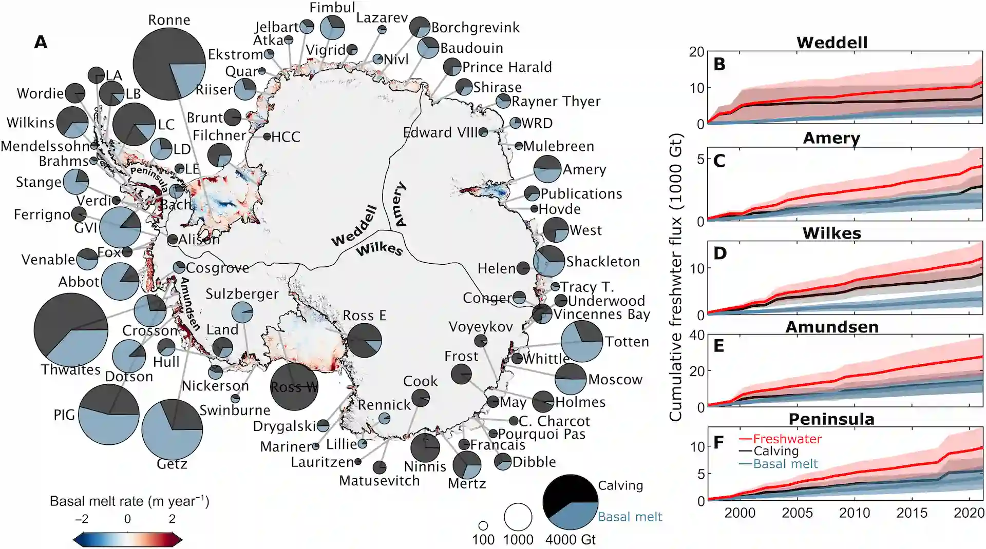 Flujo acumulativo de agua dulce de la plataforma de hielo de 1997 a 2021 superpuesto a las tasas promedio de derretimiento basal de la plataforma de hielo de 2010 2021 / Mapa: Universidad de Leeds