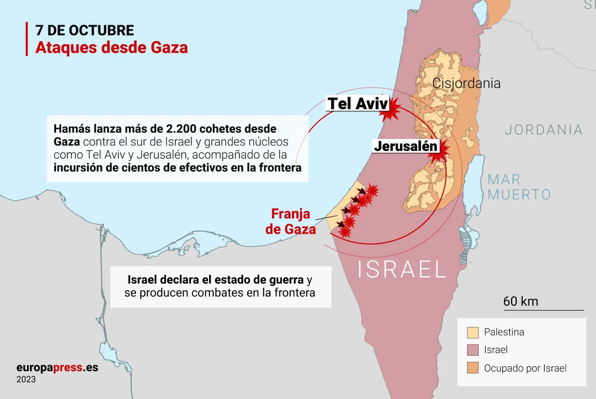 Ataques desde Gaza el 7 de octubre el 2023 / Mapa: EPData