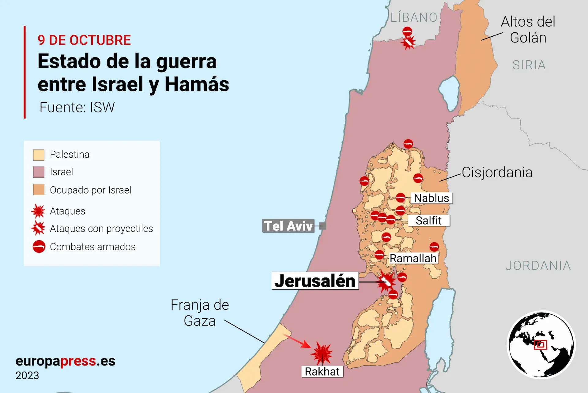 Estado de la guerra entre Israel y Gaza (Palestina) a 9 de octubre de 2023 / Mapa: EPData