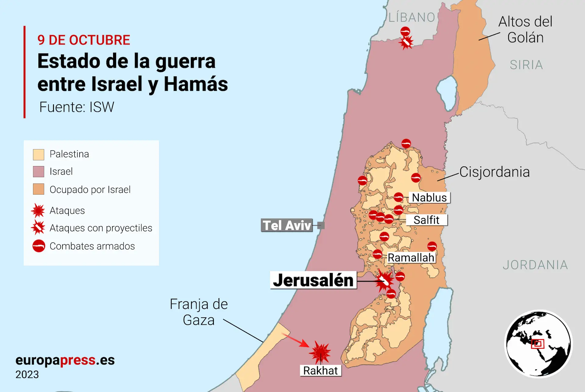 Estado de la guerra entre Israel y Gaza (Palestina) a 9 de octubre de 2023 / Mapa: EPData Estado de la guerra entre Israel y Gaza (Palestina) a 9 de octubre de 2023 / Mapa: EPData