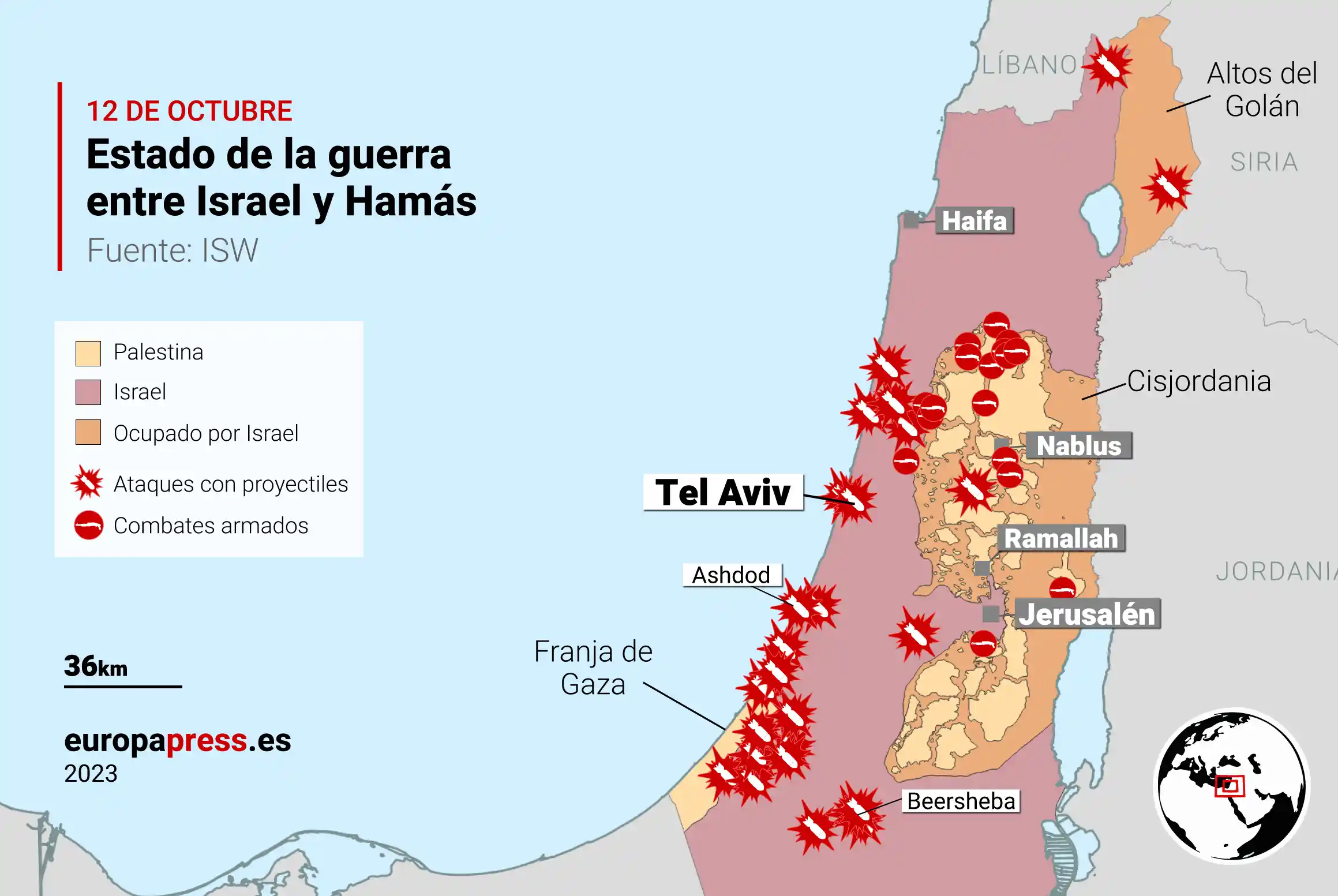 Estado de la guerra entre Israel y Gaza (Palestina) a 12 de octubre de 2023 / Mapa: EPData Estado de la guerra entre Israel y Gaza (Palestina) a 12 de octubre de 2023 / Mapa: EPData