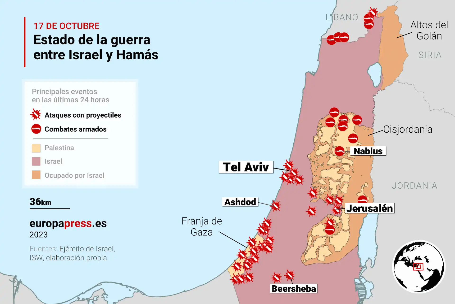 Estado de la guerra entre Israel y Gaza (Palestina) a 17 de octubre de 2023 / Mapa: EPData