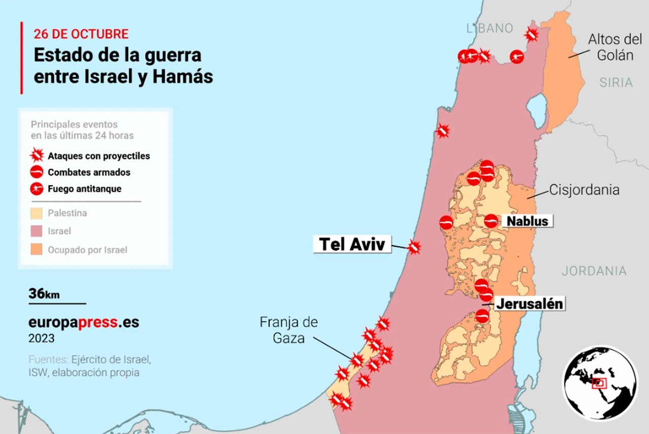 Estado de la guerra Israel y Gaza, en Palestina a 26 de octubre de 2023 / Mapa: EPData