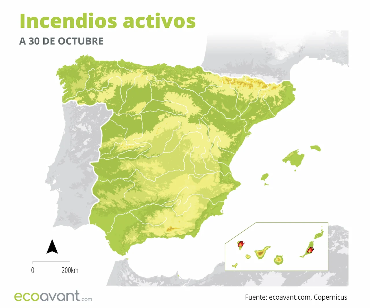 Mapa de los incendios forestales activos a 30 de octubre de 2023 / Mapa: EA Mapa de los incendios forestales activos a 30 de octubre de 2023 / Mapa: EA