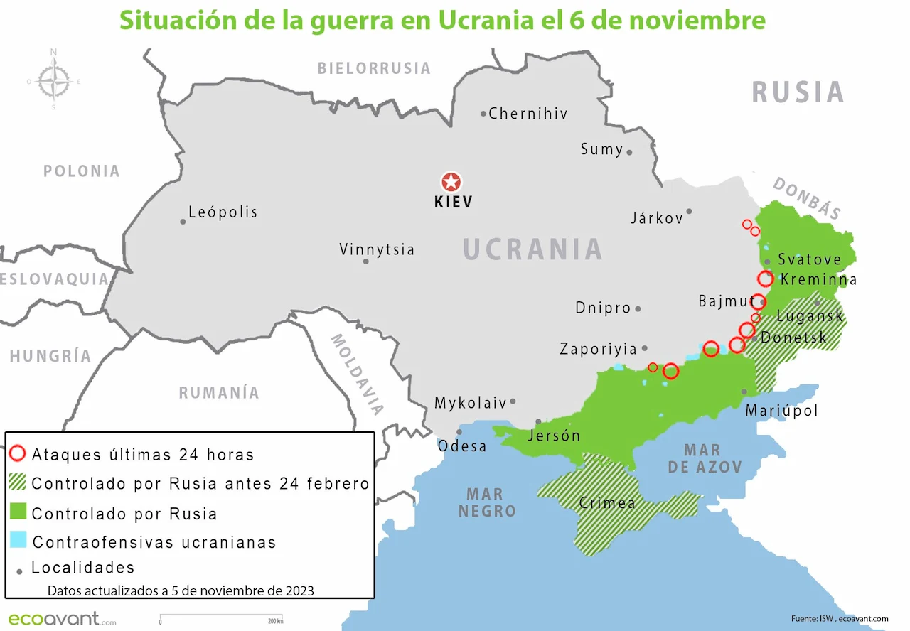 Situación de la guerra en Ucrania el 6 de noviembre de 2023 / Mapa: EA