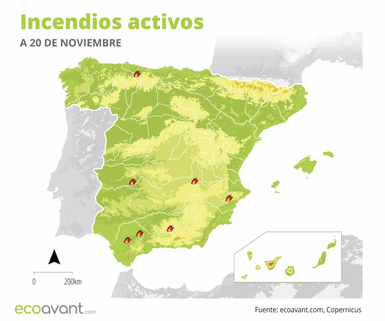 Mapa de los incendios forestales activos a 20 de noviembre de 2023 / Foto: EA