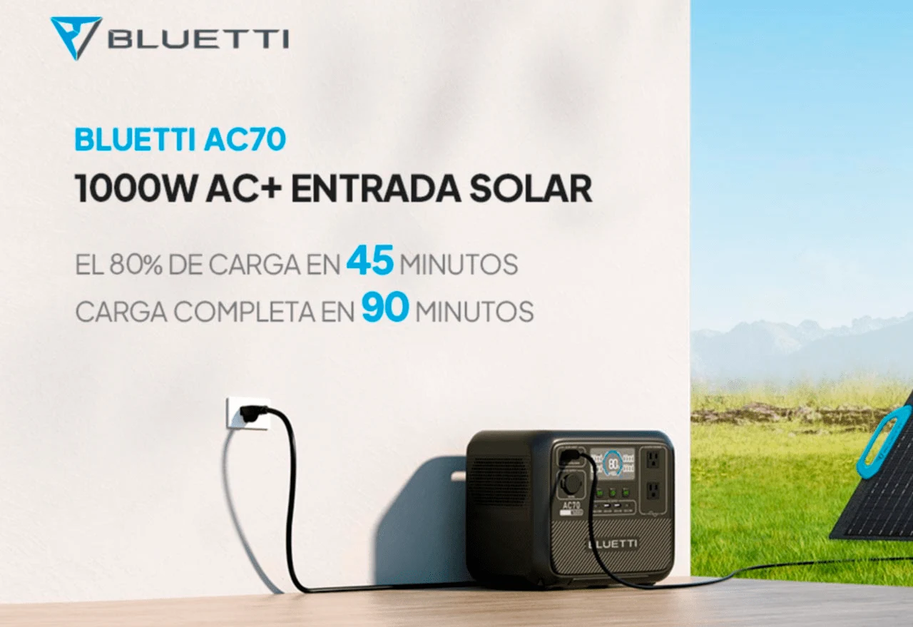 Cargar el AC70 de BLUETTI es muy sencillo, tanto con la red eléctrica de CA, vehículos, generadores y paneles solares