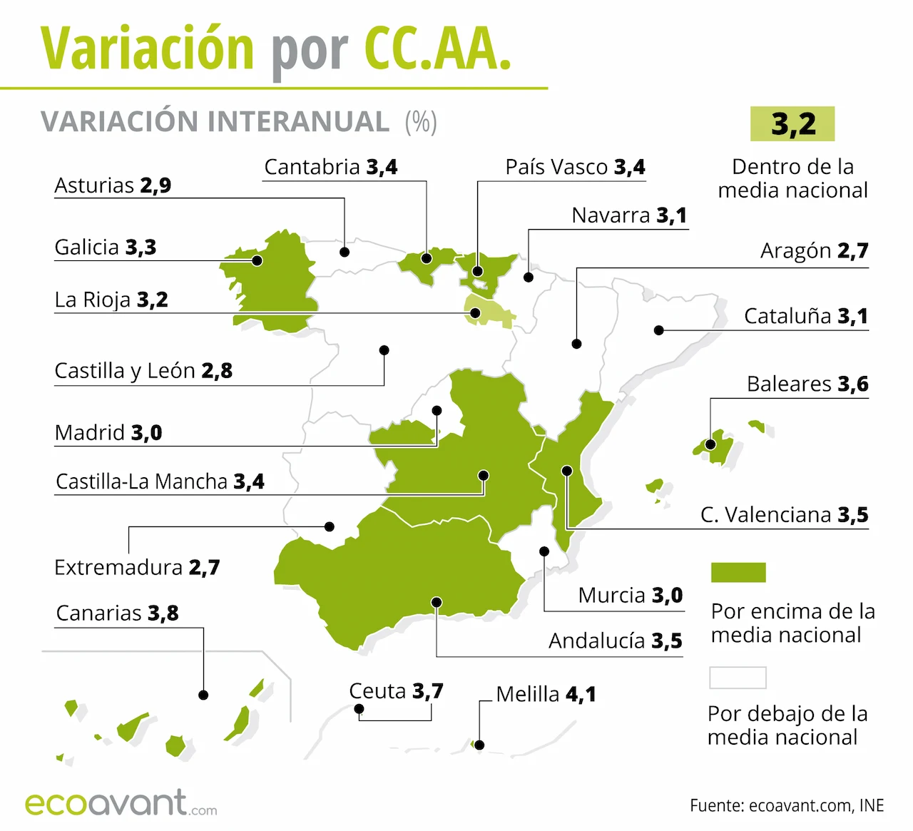 Variación interanual del IPC por CCAA hasta noviembre de 2023 / Mapa: EA Variación interanual del IPC por CCAA hasta noviembre de 2023 / Mapa: EA