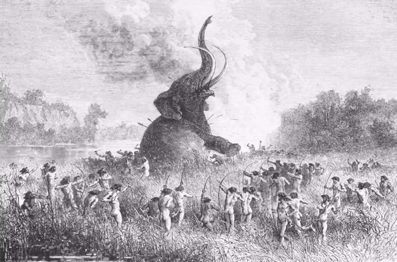 Grabado de finales del siglo XIX representando un escena de caza ancestral. Ocaso de los mamíferos gigantes / Imgen: EP