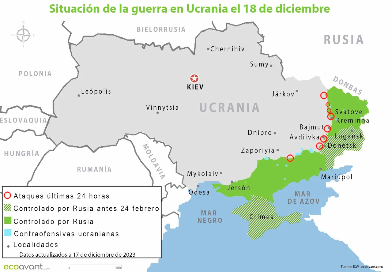 Mapa de la situación de la guerra en Ucrania el 18 de diciembre de 2023 / Imagen: EA Mapa de la situación de la guerra en Ucrania el 18 de diciembre de 2023 / Imagen: EA