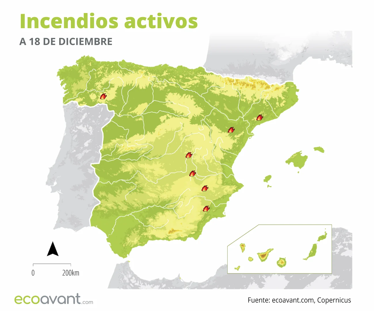 Mapa de los incendios forestales activos a 18 de diciembre de 2023 / Imagen: EA Mapa de los incendios forestales activos a 18 de diciembre de 2023 / Imagen: EA