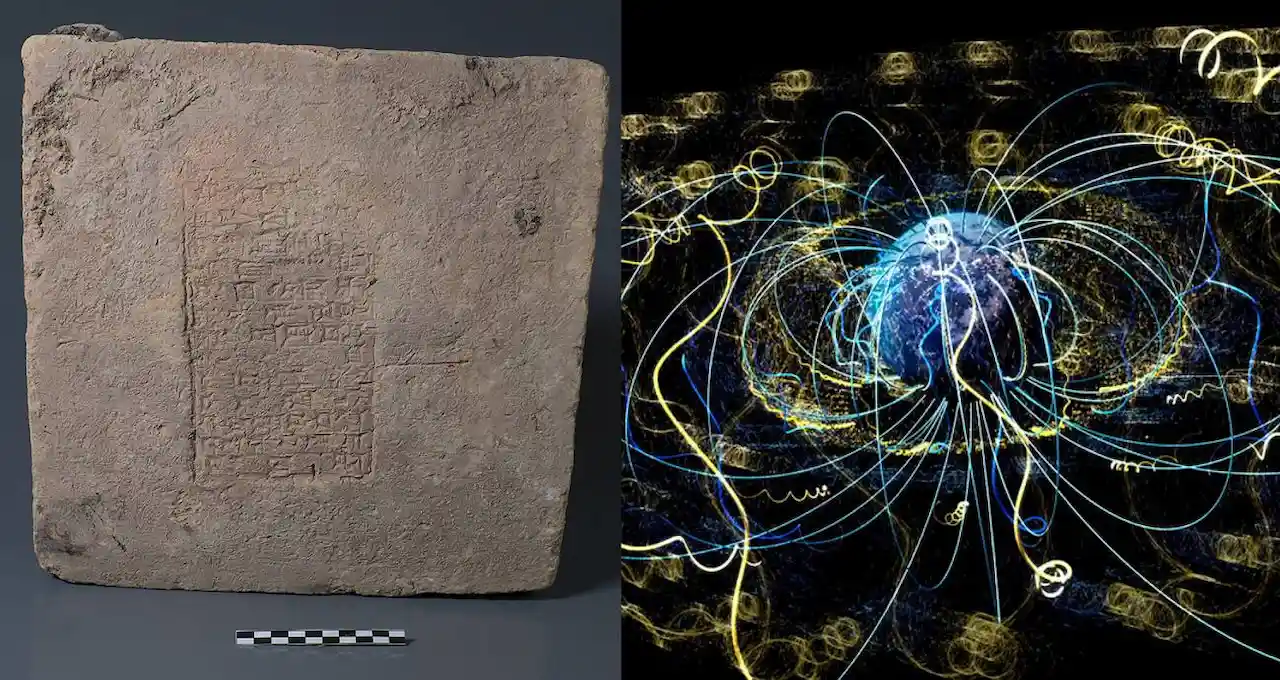 Ladrillo del reinado de Nabucodonosor II (604 a 562 a.C.). A la derecha, ilustración del sistema de campos magnéticos de la Tierra / Imagenes:  Museo Slemani - NASA's Goddard Space Flight Center
