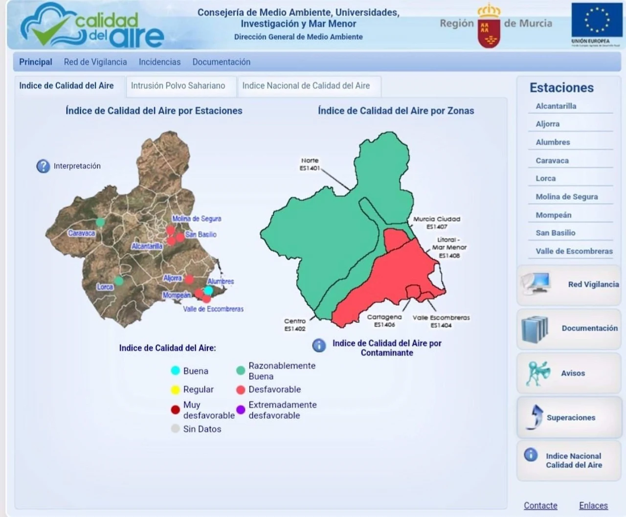 Mapas que muestran el índice de calidad del aire en Murcia / Imagen: Consejaria de Medio Ambiente - EP