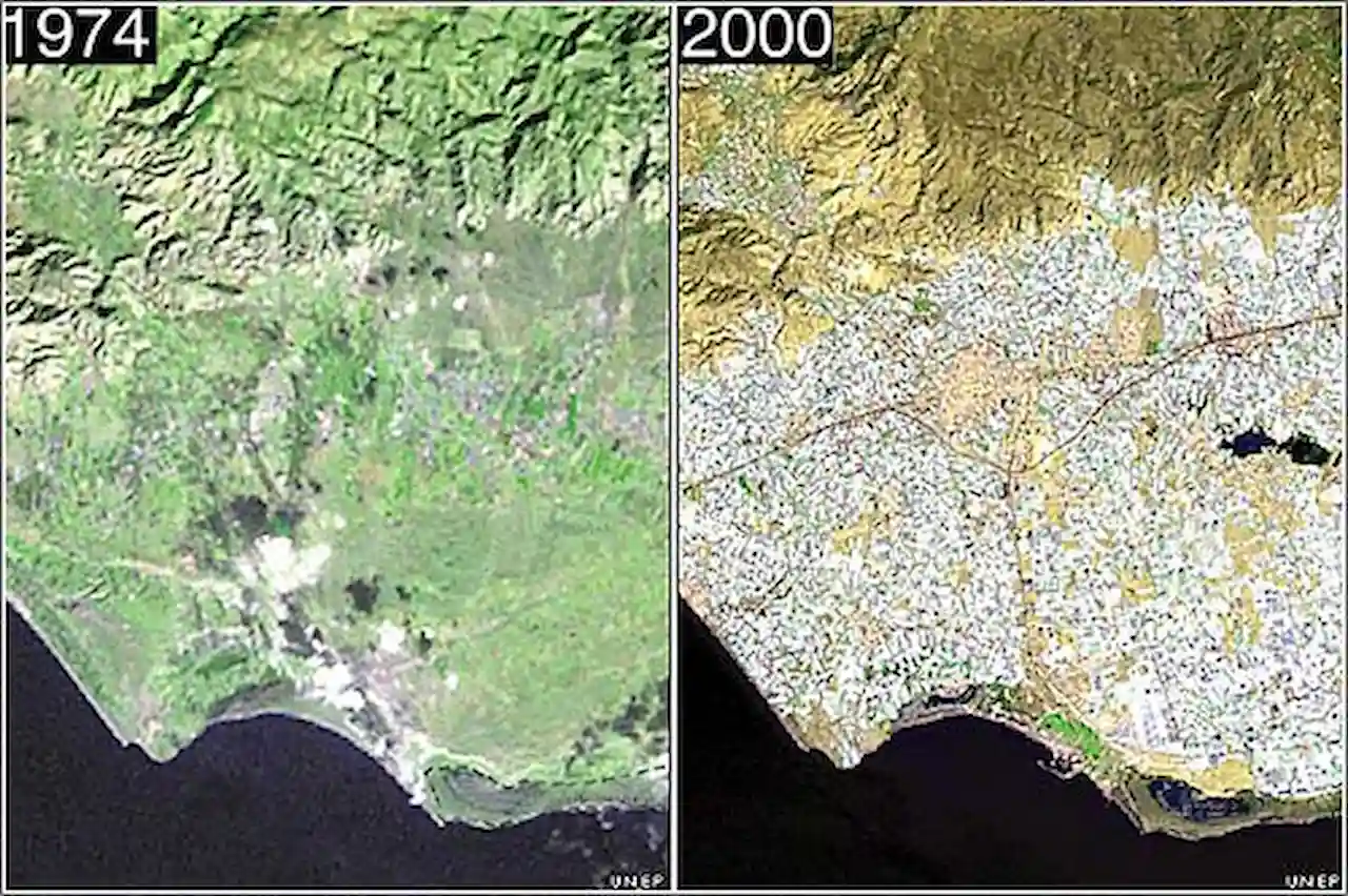 La agricultura intensiva, amenaza para las zonas áridas. Antes (1974) y después (2000) invernaderos de Almería / Foto: UNEP