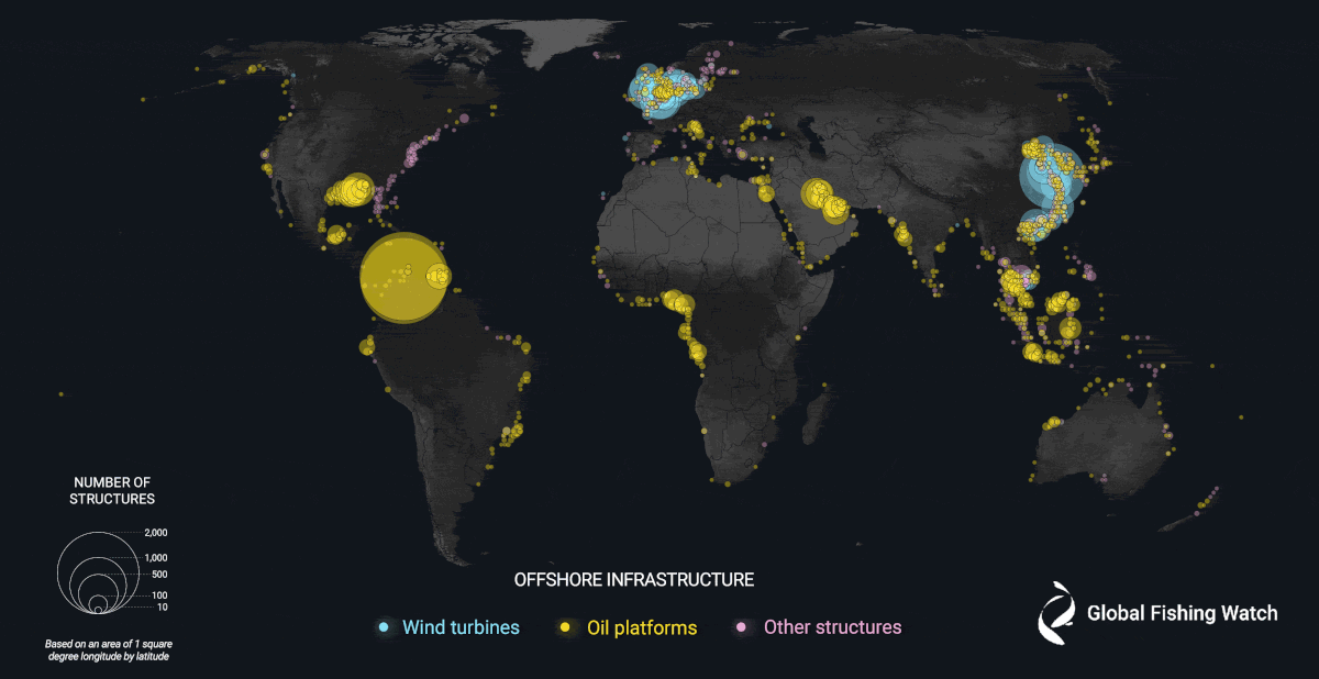 Se analizaron dos millones de gigabytes de imágenes satelitales de 2017-2021 para detectar infraestructura marina en aguas costeras de seis continentes, donde se concentra más de las tres cuartas partes de la actividad industrial / Imagen: 2023 Global Fishing Watch Se analizaron dos millones de gigabytes de imágenes satelitales de 2017-2021 para detectar infraestructura marina en aguas costeras de seis continentes, donde se concentra más de las tres cuartas partes de la actividad industrial / Imagen: 2023 Global Fishing Watch