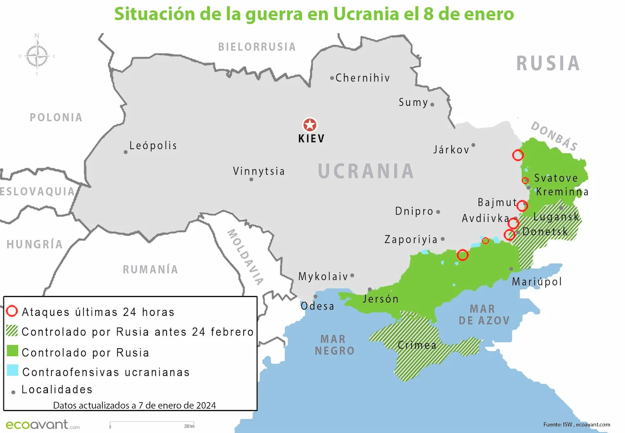 Situación de la guerra en Ucrania el 8 de enero de 2024 / Mapa: EA