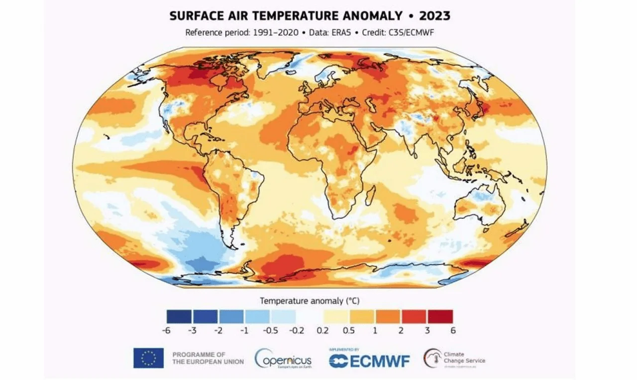 Anomalía de la temperatura del aire en superficie para 2023 con respecto al promedio del período de referencia 1991 2020 / Imagen: C3S/ECMWF