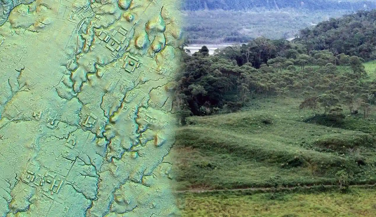 Evidencia de un urbanismo prehispánico en el Alto Amazonas desde hace 2.500 años. Imagen LiDAR de una de los antiguas áreas urbanas agrarias del Valle de Upano (izq.) y ejemplos de las plataformas rectangulares (der.) / SINC