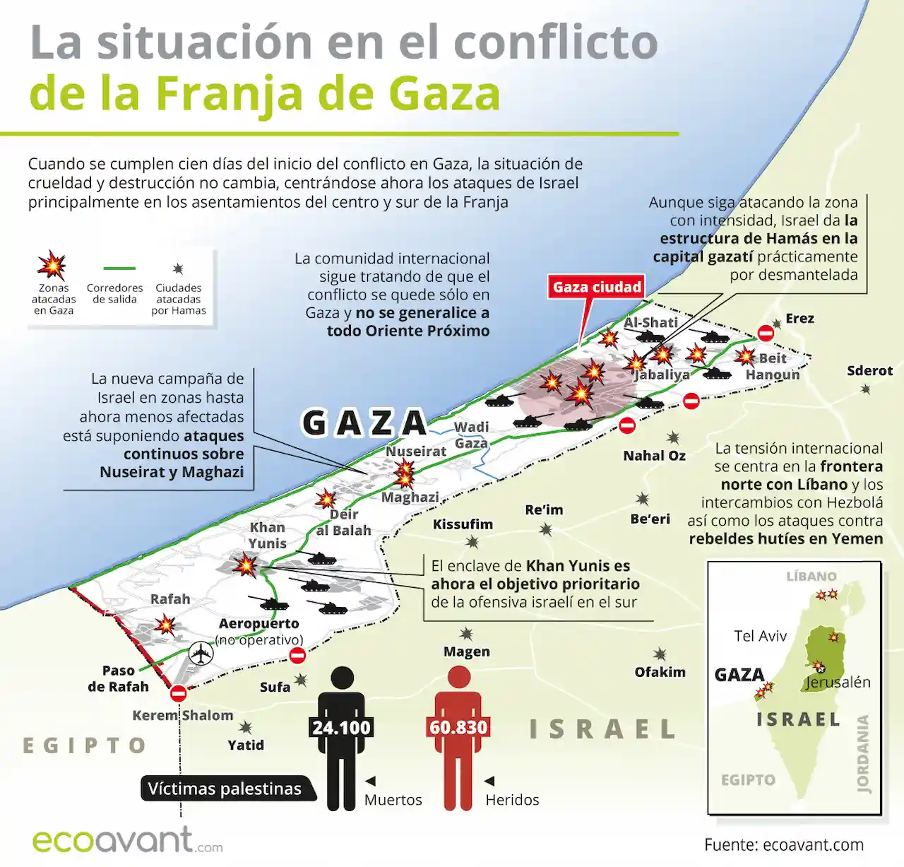 La situación en la ofensiva militar de Israel en Gaza a 15 de enero de 2024 / Mapa: EA