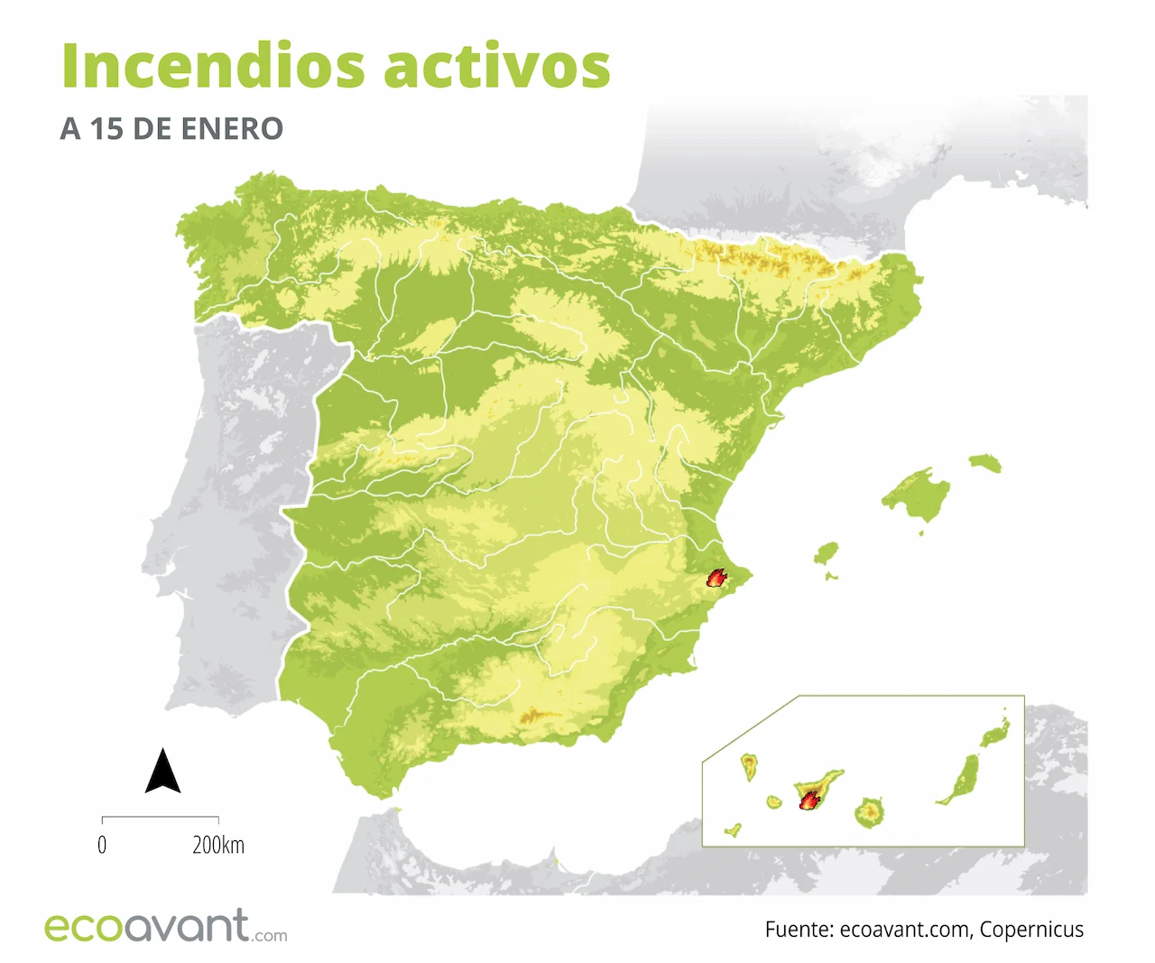 Mapa de los incendios forestales activos a 15 de enero de 2024 / Mapa: EA Mapa de los incendios forestales activos a 15 de enero de 2024 / Mapa: EA