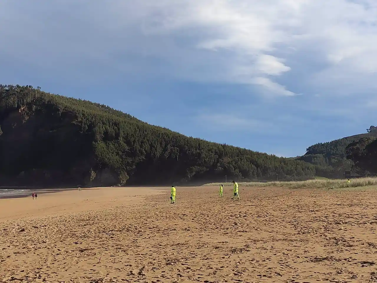 Operarios recogen pélets de plástico la playa de Rodiles en Asturias / Foto: EP