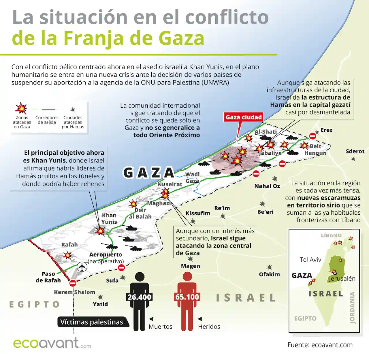 La situación en la ofensiva militar de Israel en Gaza a 29 de enero de 2024 / Mapa: EA