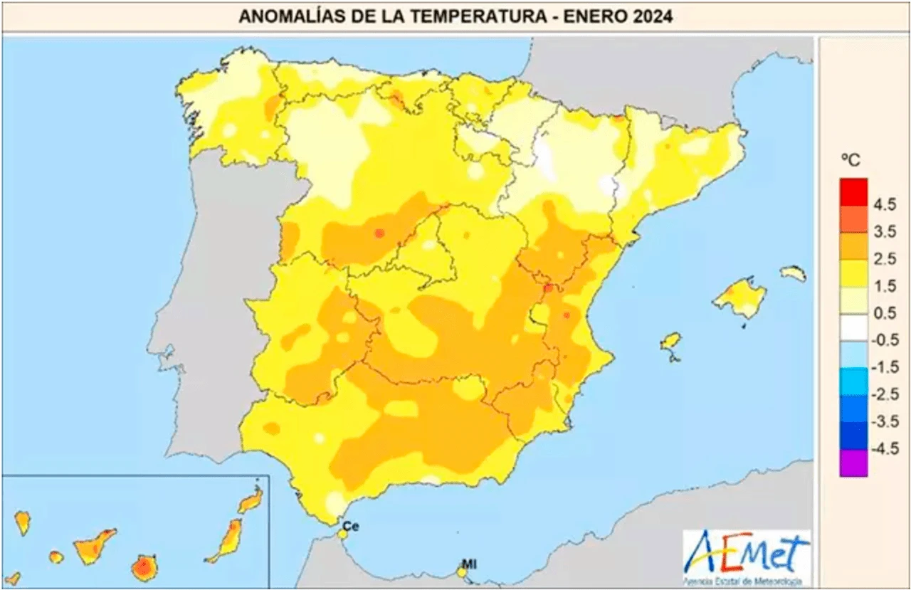 Mapa de España con anomalías de temperatura en enero de 2024 / Imagen: AEMET