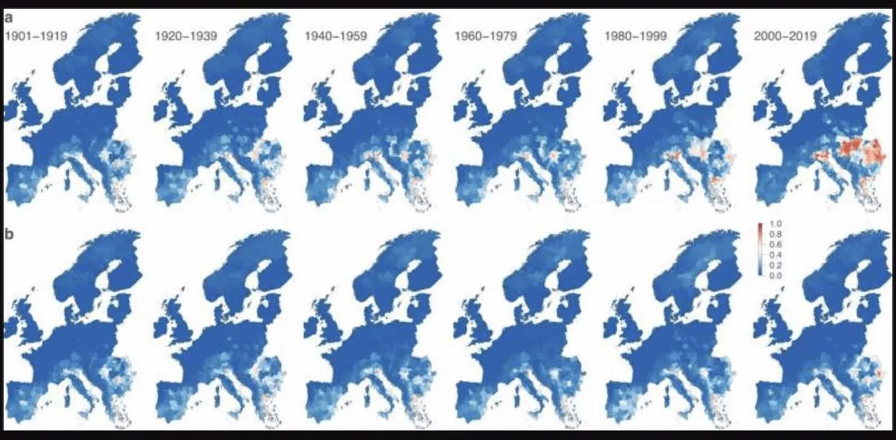 Cambios estimados en el riesgo de circulación local del virus del Nilo Occidental desde principios del siglo pasado en todo el continente europeo / Imagen: 'Nature Communications'