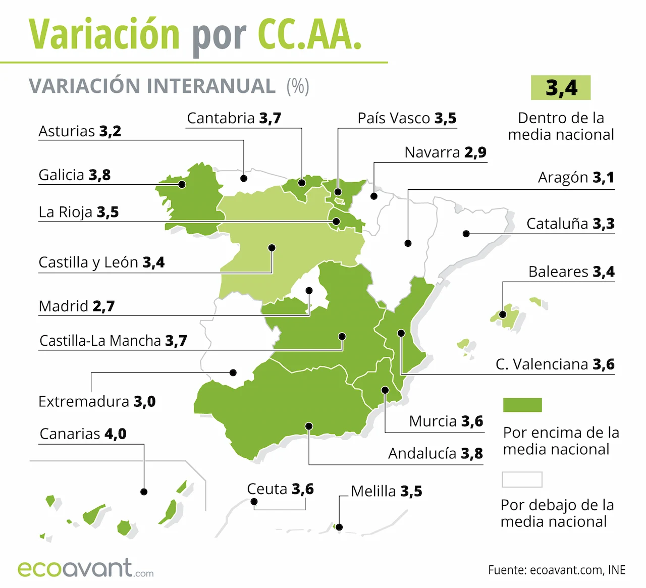 Variación interanual del IPC por CCAA hasta enero de 2024. Inflación / Mapa: EA