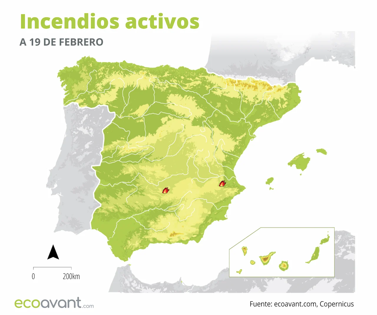 Mapa de los incendios forestales activos a 19 de febrero de 2024 / Imagen: EA