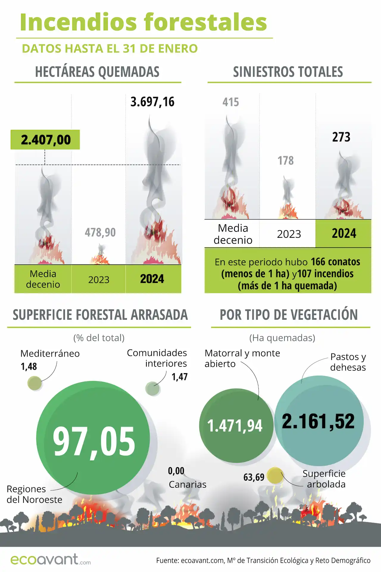 Incendios forestales en España en datos hasta el 31 de enero de 2024 / Infografía: EA
