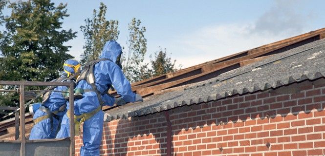 Operarios con ropa protectora sanean un tejado confeccionado con el elemento tóxico  / Foto: Bart Co